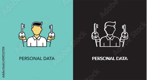 Personal Data Security Icon Set Featuring Man Holding Keys for Privacy Protection Cybersecurity Information Safety GDPR Compliance and Digital Identity Access Management