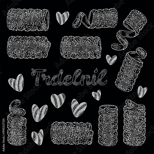 Hand-drawn Trdelnik pastry collection with hearts on black background. A charming collection of white line art illustrations featuring traditional Trdelnik pastries and decorative hearts.