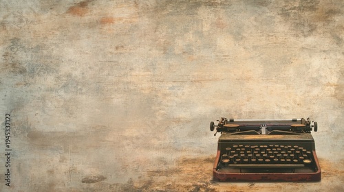 Vintage mechanical typewriter rests alone against a muted textured background suggesting forgotten stories or classic literature concepts ready for creation.