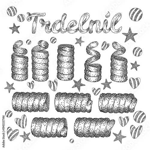 Hand-drawn illustration of Trdelnik pastries with decorative elements like stars and hearts. A whimsical black and white sketch showcasing various stages of Trdelnik preparation and finished products