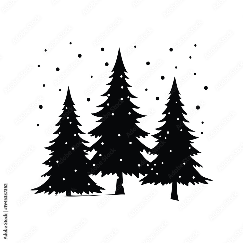 Obraz premium snow falling on pine trees silhouette vector illustration, Silhouette of three pine trees with snowflakes falling, vector illustration design