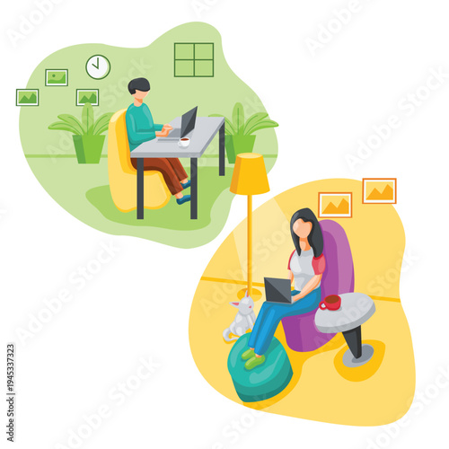 An illustration of a cartoon businessman sitting at an office desk with a laptop and money, featuring people and icons in a vector drawing of a professional work room