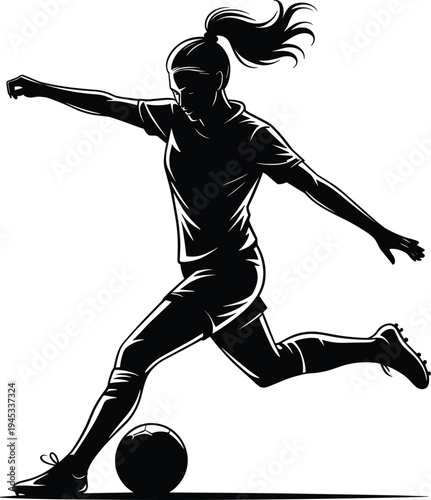 Soccer player silhouette kicking ball dynamic athletic motion ponytail hair sports competition teamwork energy illustration design concept artwork flat vector