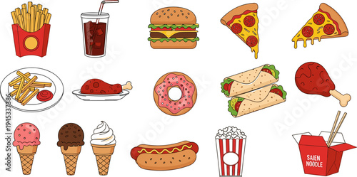 Colorful Fast Food Icon Set Featuring Popular Snacks and Meals like Pizza, Burger, Fries, Ice Cream, and More for Food and Restaurant Designs