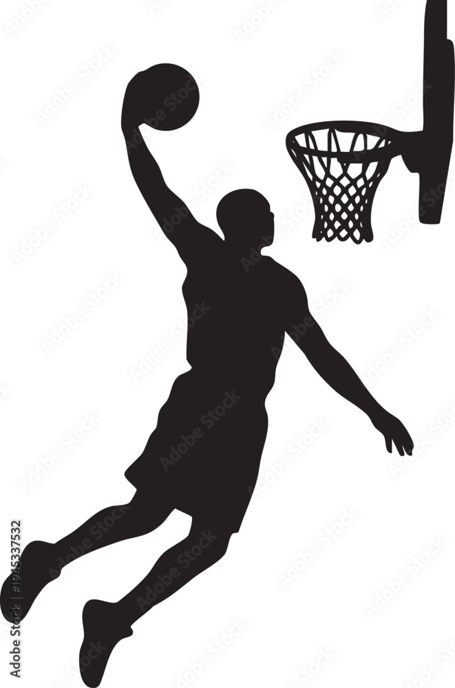 Obraz premium Dynamic silhouette of a basketball player performing a powerful dunk, showcasing athletic skill and energy