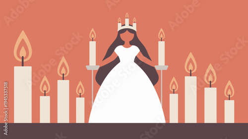 A cartoon illustration of a woman wearing a crown and surrounded by lit candles in a festive atmosphere.