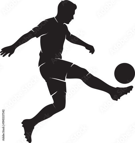 Dynamic male athlete silhouette in mid-action kicking a soccer ball, representing agility and competitive spirit in sport