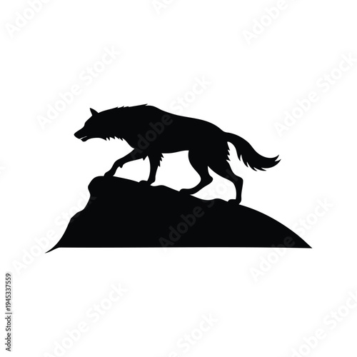 wolf climbing hill silhouette vector illustration, A wolf standing on a rock, silhouette vector illustration design
