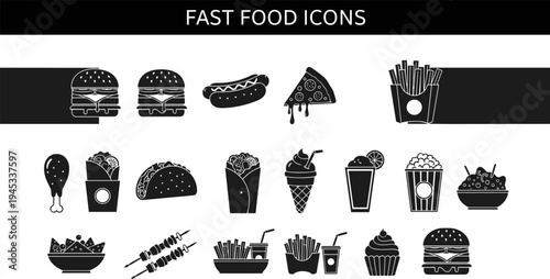 Black and White Fast Food Icon Set Featuring Popular Snacks and Meals for Fast Food and Restaurant Designs