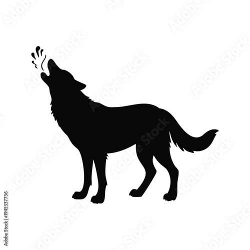 wolf sniffing the air silhouette vector illustration, Black and white silhouette of a howling wolf with detailed fur and tail design, vector illustration