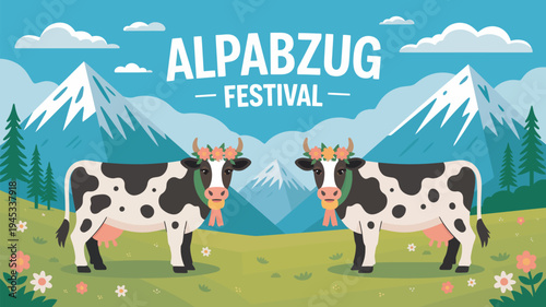 A colorful illustration of cows in a mountain meadow at the Alpabzug Festival with a beautiful landscape background.
