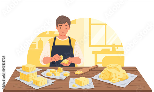 Man Preparing Homemade Butter on a Wooden Table in the Kitchen