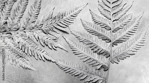 Delicate monochrome composition featuring several beautifully textured fern leaves arranged artistically across a soft textured background surface.