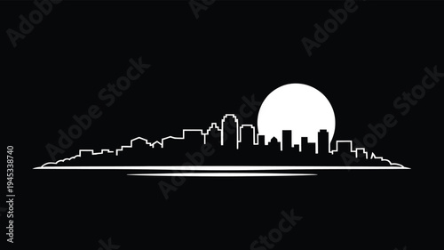 City skyline outline with moon and reflection vector illustration on black background
