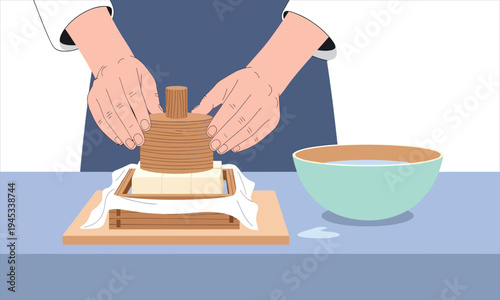Hands Pressing Fresh Cheese in a Wooden Cheese Mold