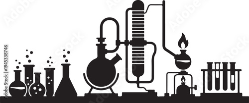 Chemistry Lab in silhouette on white background.