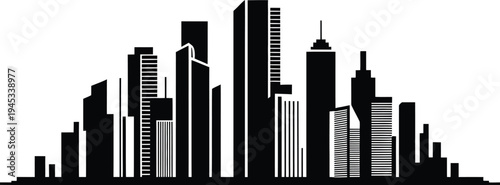 Dynamic city skyline silhouette with varied building heights vector illustration on transparent