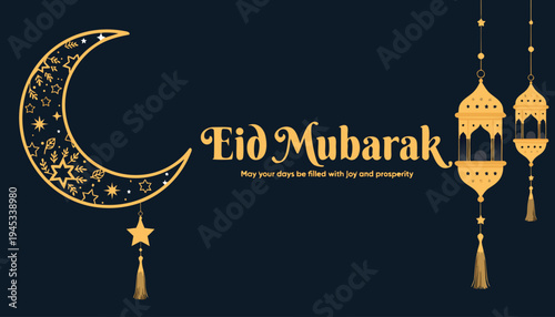 Elegant crescent moon and lanterns, warm golden greeting card, written Eid Mubarak, on dark background