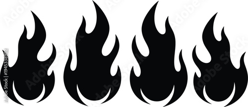 A set of four black flame icons on a white background