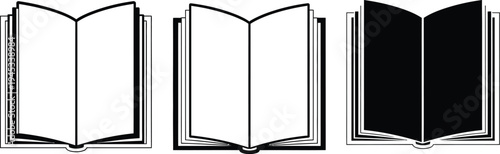 Three open books with varying shading and fill