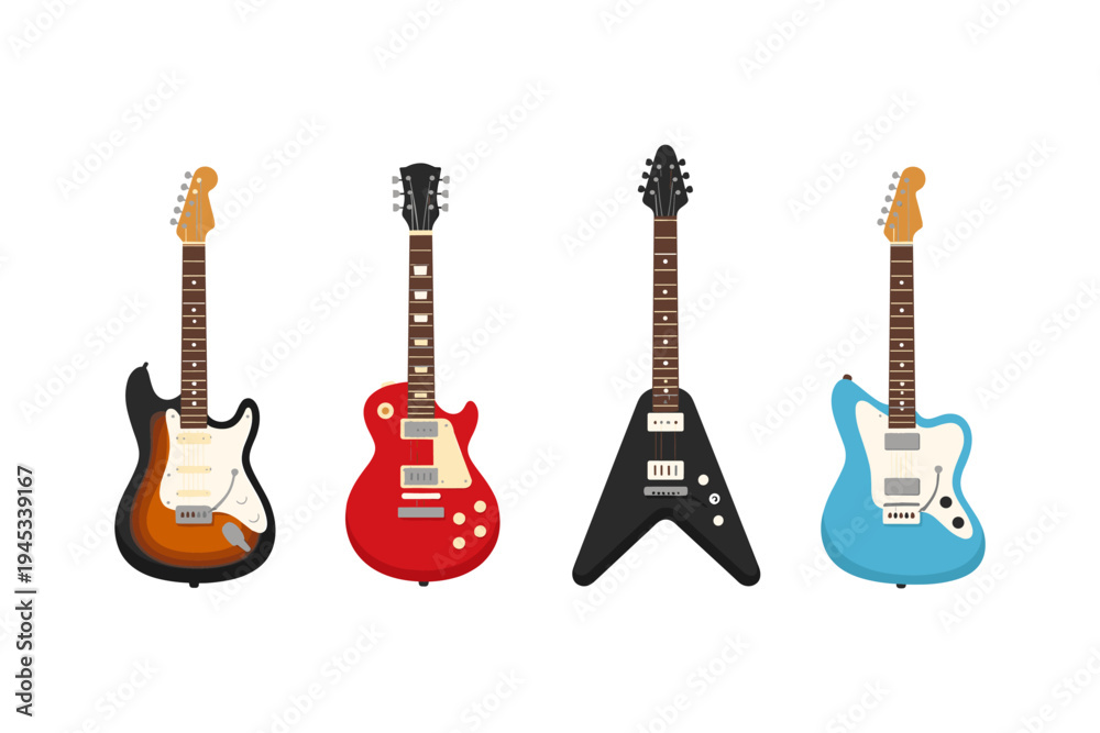 Fototapeta premium Collection of four distinct electric guitars in various colors and styles