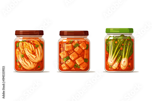 Three jars of Korean fermented vegetables, kimchi, and tofu, illustrated in a cartoon style