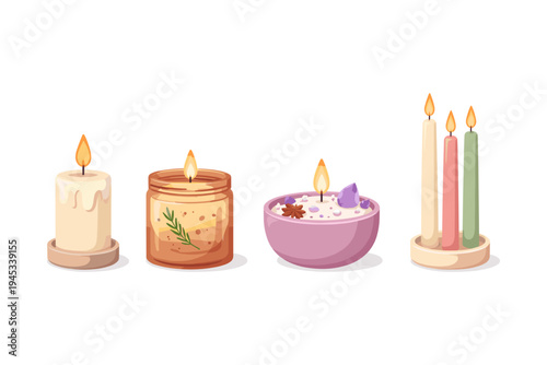 Collection of four decorative candles with burning flames, isolated on white background