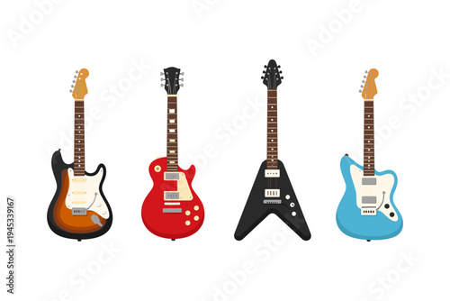 Collection of four distinct electric guitars in various colors and styles