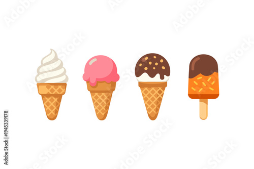 Collection of four delicious ice cream treats in cones and on a stick