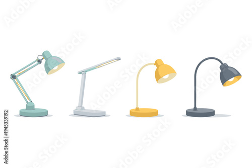 Collection of four diverse desk lamps with adjustable arms and different styles
