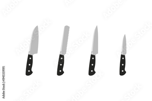 Set of four kitchen knives with black handles, including a bread knife, on a white background