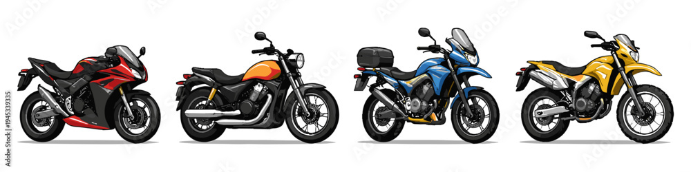 Fototapeta premium Collection of four diverse motorcycles displayed side by side on a white background