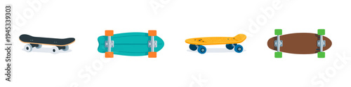 Collection of four diverse skateboards in different colors and styles