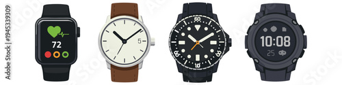 Collection of four different types of wristwatches displayed side by side