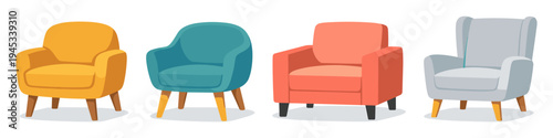 Collection of four colorful armchairs in a flat design style