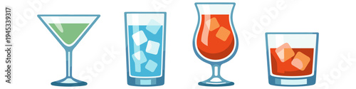 Collection of four different colorful alcoholic and non-alcoholic drinks with ice cubes