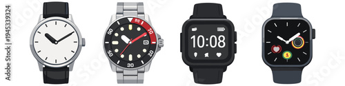 Collection of four different wristwatches, from classic to modern smartwatches