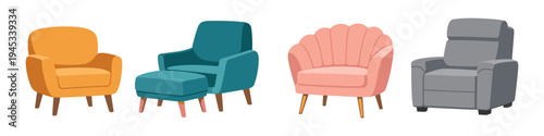 Collection of four stylish armchairs in various colors and designs