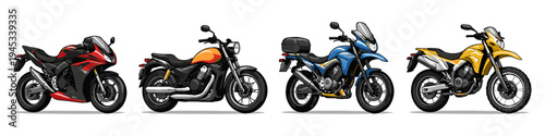 Collection of four diverse motorcycles displayed side by side on a white background