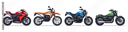 Diverse collection of four distinct motorcycle styles in vibrant colors