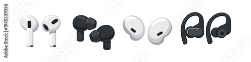 Collection of different wireless earbuds and earphones in various styles and colors