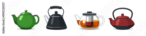 Collection of four diverse teapots in various styles and colors on a white background