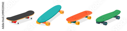 Collection of four colorful skateboards in isometric view on a white background