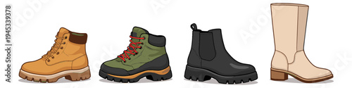 Collection of four different styles of boots displayed side by side on a white background
