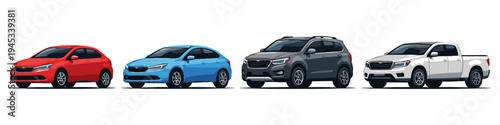 Diverse collection of modern cars including sedan, hatchback, SUV, and pickup truck