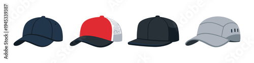 Collection of four distinct baseball caps and trucker hats in various colors and styles