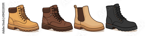 Collection of four different styles of boots, including work boots and chelsea boots