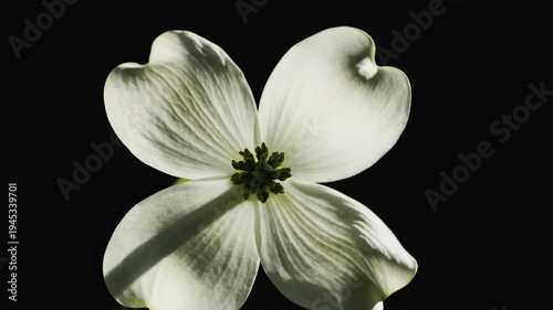 Radiant white dogwood flower blossom, delicate petals. Natural beauty, serene bloom illuminated against dark background, botanical elegance