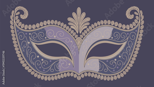 A lavish purple and gold masquerade mask with intricate designs and patterns on a dark background.