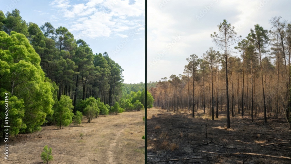 Fototapeta premium A side-by-side comparison of a healthy green forest and a burnt, charred forest area, illustrating the impact of wildfire damage.